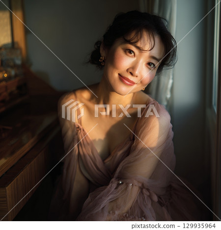 一位時尚美麗的日本女性在窗邊休息(方形照片) 一位時尚美麗的日本女性在窗邊休息(方形照片) 129935964