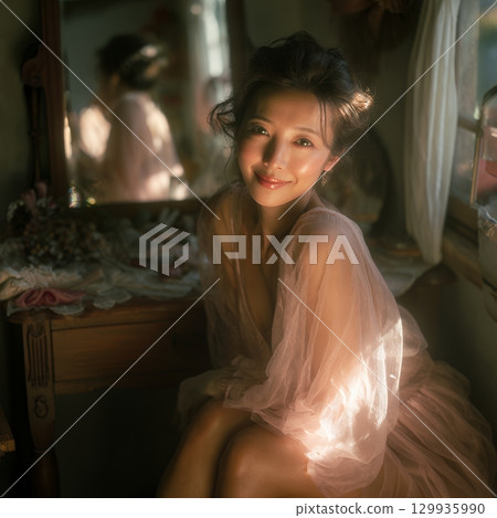 一位時尚美麗的日本女性在窗邊休息（方形照片） 129935990