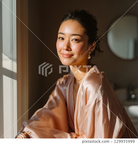 A stylish, beautiful Japanese woman relaxing by the window (square photo) 129935999