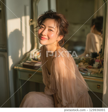 一位時尚美麗的日本女性在窗邊休息(方形照片) 一位時尚美麗的日本女性在窗邊休息(方形照片) 129936001