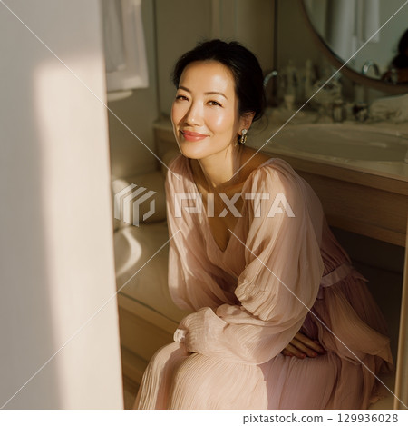 A stylish, beautiful Japanese woman relaxing by the window (square photo) 129936028