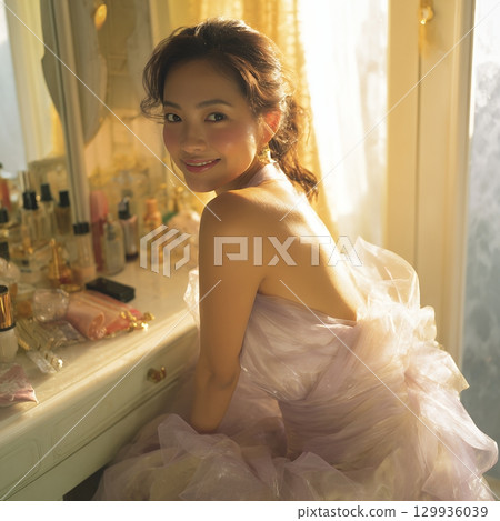 A stylish, beautiful Japanese woman relaxing by the window (square photo) 129936039