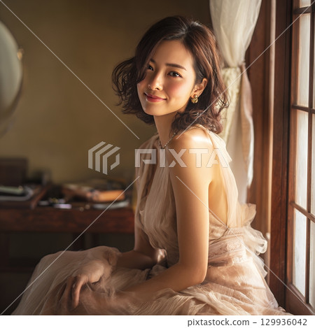 A stylish, beautiful Japanese woman relaxing by the window (square photo) 129936042