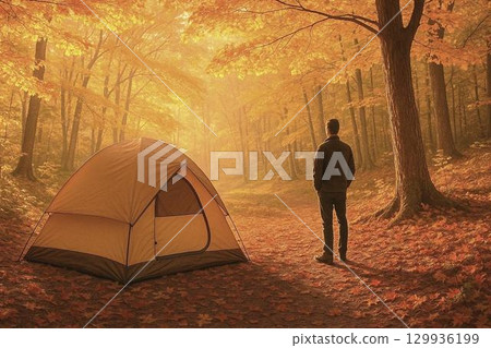 Autumn image materials: Autumn camping scenes and the appeal of the outdoor lifestyle 129936199