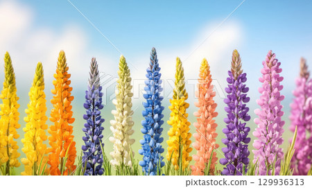 Colorful flowers in vibrant garden display, showcasing various hues and beauty 129936313