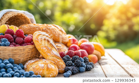 Fresh bread and organic fruits arranged beautifully wooden table, evoking warm, inviting 129936345