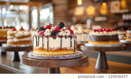 Delicious desserts display with artisanal pastries, featuring cakes topped with berries and chocolate Delicious desserts display with artisanal pastries, featuring cakes topped with berries and chocolate 129936437