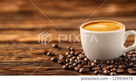 freshly brewed espresso in white cup surrounded by coffee beans on rustic wooden table evokes warmth and comfort 129936479