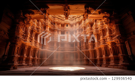 Majestic historical landmark with intricate architecture, illuminated by sunlight, creating serene atmosphere 129936540