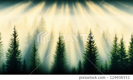 Misty forest landscape at sunrise with rays of light illuminating trees, creating serene and tranquil atmosphere 129936551