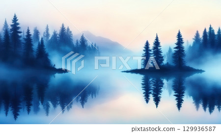 serene landscape featuring misty trees reflected in calm lake at dawn, evoking tranquility and peace 129936587