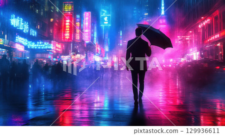 stylish young professional stands under umbrella in vibrant urban setting, illuminated by neon lights and rain 129936611
