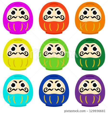 色彩繽紛的達摩插圖,生動的9色套裝 色彩繽紛的達摩插圖,生動的9色套裝 129936681