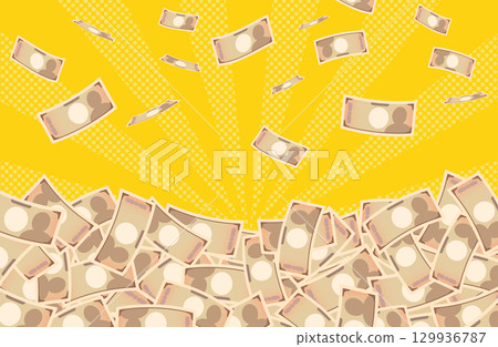 Vector material of falling 10,000 yen bills and piles of bills 129936787