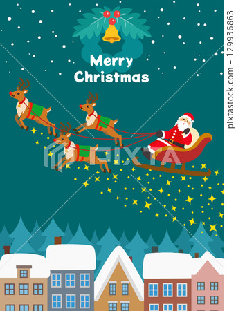 聖誕素材：馴鹿和聖誕老人穿越白雪皚皚的小鎮 129936863