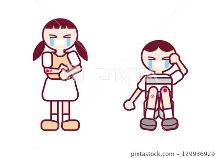 Boy and girl crying because of injured arms and knees 129936929
