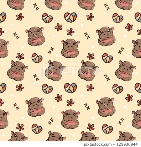 Baby hippo seamless pattern on yellow background 129936944