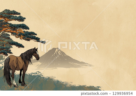 [新年賀卡材料] 富士山和松樹之間的馬匹日式插圖 - 新年背景設計 129936954