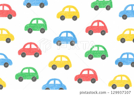 蠟筆手繪汽車無縫圖案背景 129937107