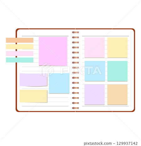 Illustration material of a notebook with lots of colorful sticky notes 129937142