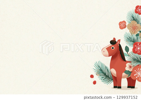 [新年卡片材料] 紅馬與松竹梅花的可愛插圖 - 新年背景模板 129937152
