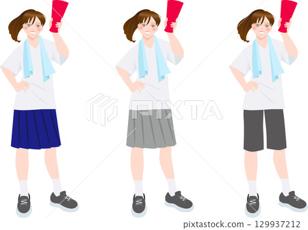 Female student cheering with a megaphone, white T-shirt 129937212