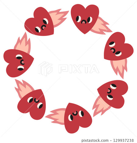 Valentines day heart circle frame. Round love themed border made of hearts. Pink and red colors happy valentine day hand drawn banner vector isolated on white background. 129937238