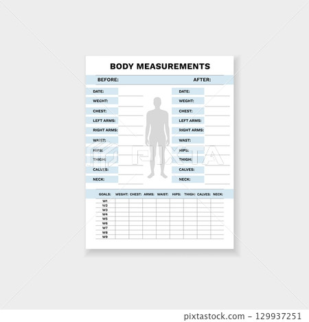 Body measurement form for tracking progress before and after fitness changes 129937251