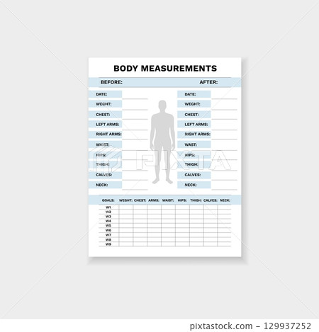 Body measurement form for tracking weight and fitness goals with detailed sections 129937252