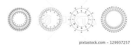 Circular measuring scales featuring detailed radial tick marks and numeric indicators Circular measuring scales featuring detailed radial tick marks and numeric indicators 129937257