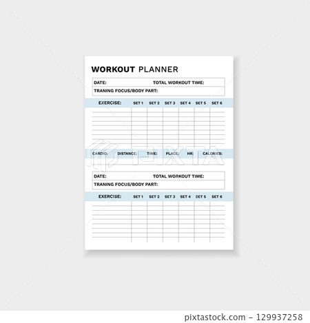 Workout planner form for effective exercise tracking and goal setting in fitness routines Workout planner form for effective exercise tracking and goal setting in fitness routines 129937258