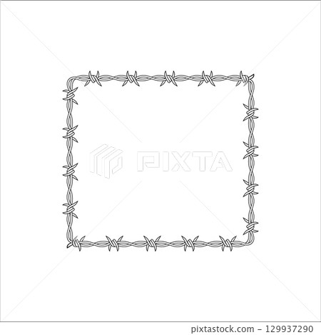 Barbed wire square frame emphasizing security and restriction in simple black line design 129937290