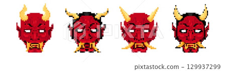 Pixel art red demon masks with horns in retro style design 129937299