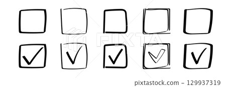 Collection of sketch style checkboxes featuring various hand drawn checkmark variations 129937319