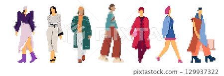 Diverse mosaic fashion figures in retro pixel art style 129937322