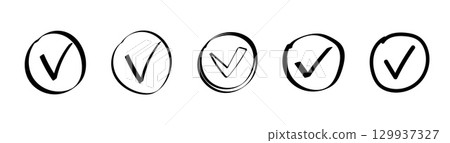 Five circular checkbox icons in sketch style with hand-drawn and outline designs Five circular checkbox icons in sketch style with hand-drawn and outline designs 129937327