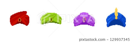 Colorful 8 bit pixel turbans for retro game design elements Colorful 8 bit pixel turbans for retro game design elements 129937345