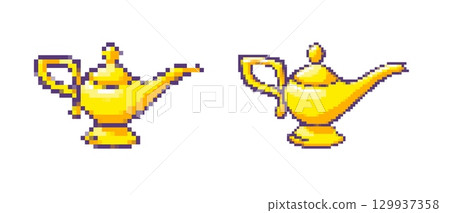 Mosaic-style pixel art golden lanterns with retro game design and vibrant nostalgic appeal 129937358