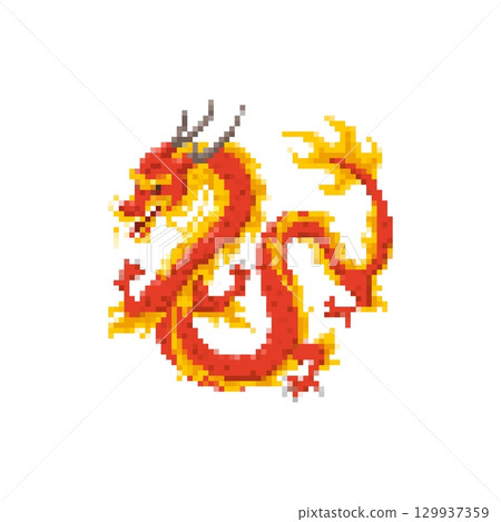 Mosaic pixel dragon with fiery red scales breathing flames enthusiastically 129937359