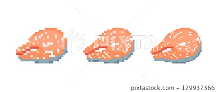 Mosaic-style pixel art salmon steaks in retro 8 bit design for nostalgic game elements 129937366