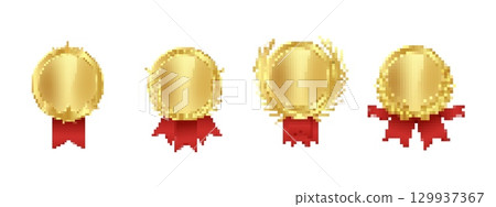 Gold medals with red ribbons in pixel art style 129937367
