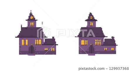 Pixel art haunted house design for halloween themed projects 129937368