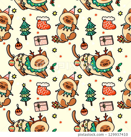Christmas cute siamese seamless pattern Christmas cute siamese seamless pattern 129937410