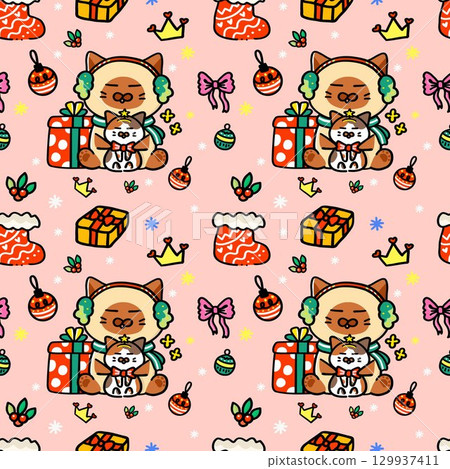 Christmas cute siamese seamless pattern Christmas cute siamese seamless pattern 129937411