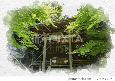 Watercolor painting of the 75th temple of the 88 Shikoku temples, Yatani-ji Temple, Kannon Hall, Mitoyo City, Kagawa Prefecture 129937706
