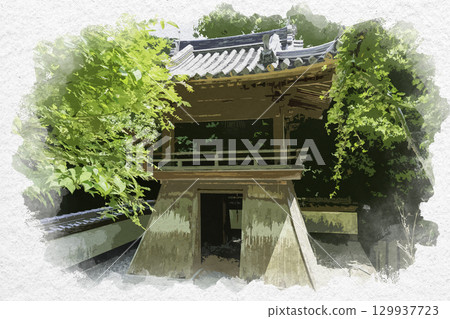 Watercolor painting of the 75th temple of the 88 Shikoku temples, Yatani-ji Temple, Bell Tower, Mitoyo City, Kagawa Prefecture 129937723