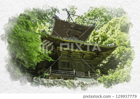 Watercolor painting of the 75th temple of the 88 Shikoku temples, Yatani-ji Temple, Tahoto Pagoda, Mitoyo City, Kagawa Prefecture 129937779