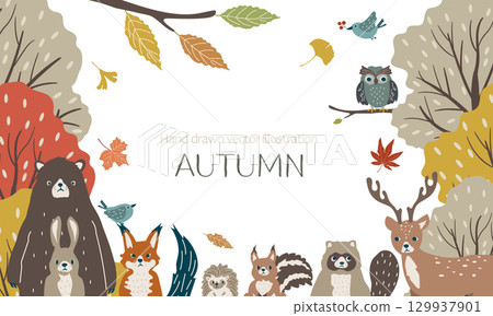 Cute frame illustration of autumn forest and animals 129937901