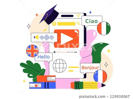 Online Language Learning Vector Illustration Featuring Courses, Training Programs, and Studying Foreign Languages Abroad through Website Education 129938067