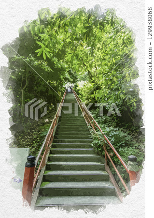 四國八十八寺中第75座寺廟-香川縣三豐市108級階梯的矢谷寺的水彩畫 四國八十八寺中第75座寺廟-香川縣三豐市108級階梯的矢谷寺的水彩畫 129938068